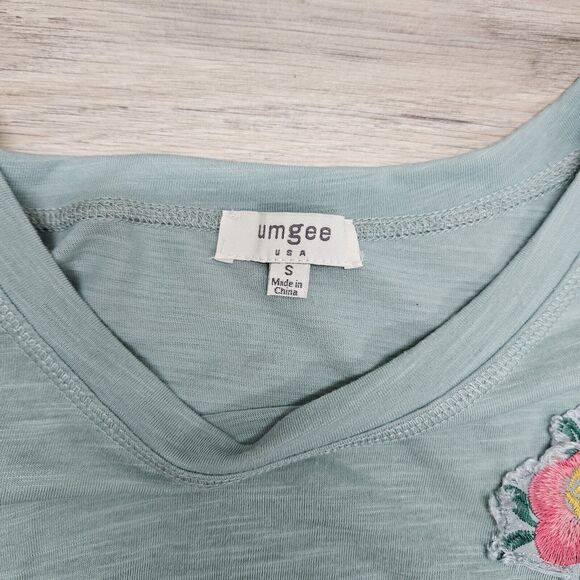 UMGEE Womens Pastel Green Floral Patch Wide Flowy Sleeve Knot Cotton Shirt Small - Picture 8 of 9